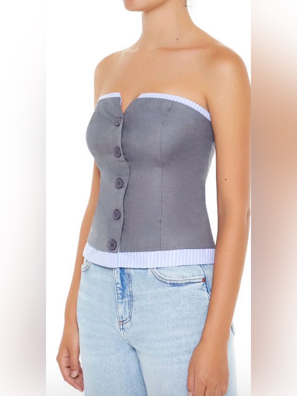 Forever 21 Gray Strapless Button-Front Bustier Top with White Pinstripe Trim